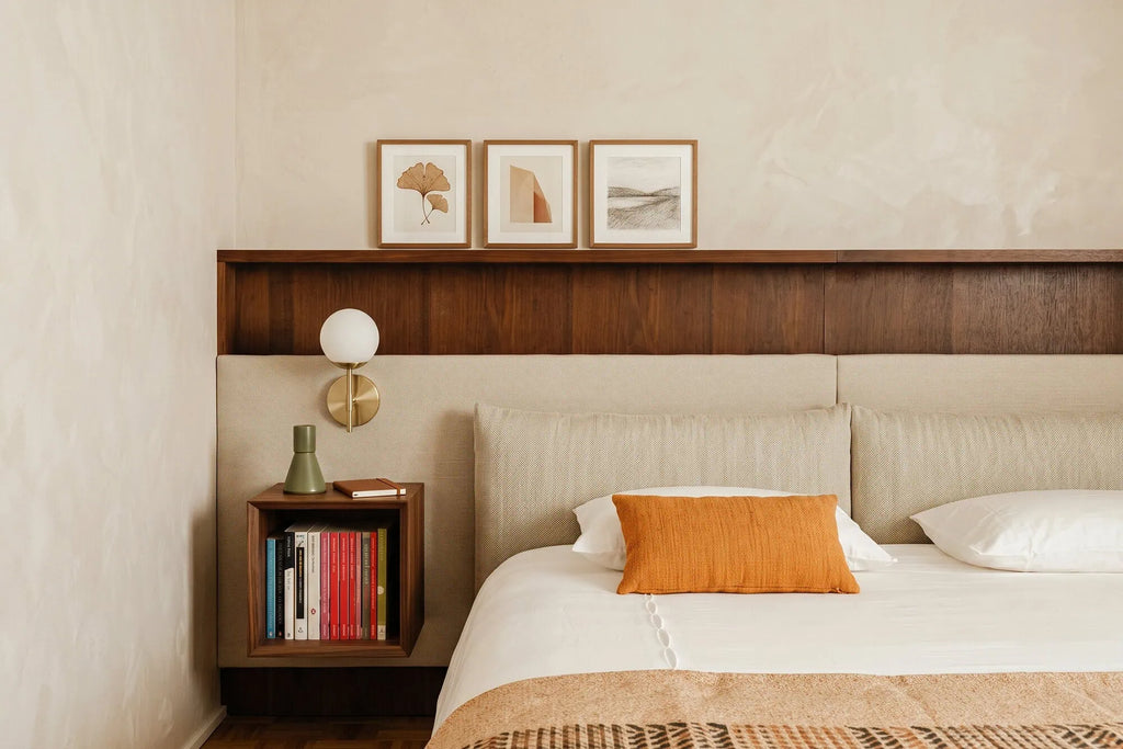 bedroom with floating bookshelf