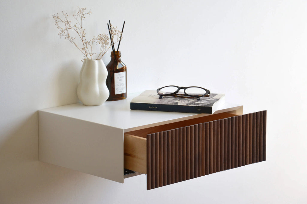 bedside table with fluted walnut drawer