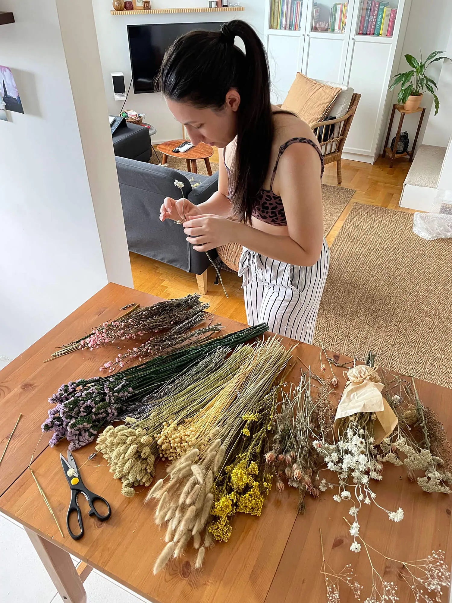 sorting dried flowers
