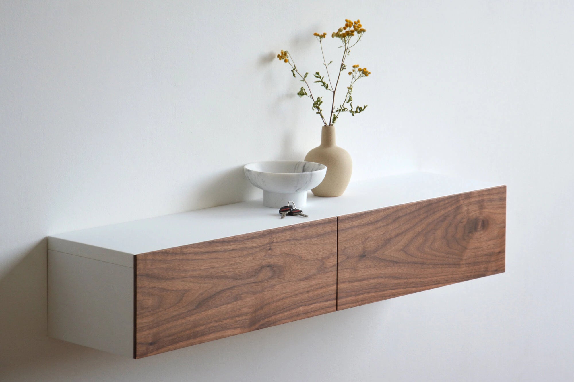 entryway storage with walnut drawer
