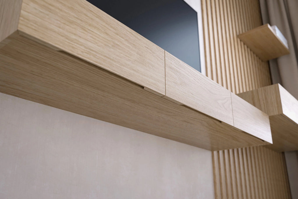 floating TV console made of whitened oak