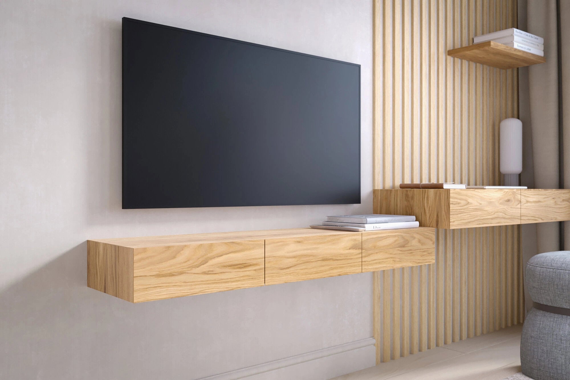 floating TV shelf made of oak