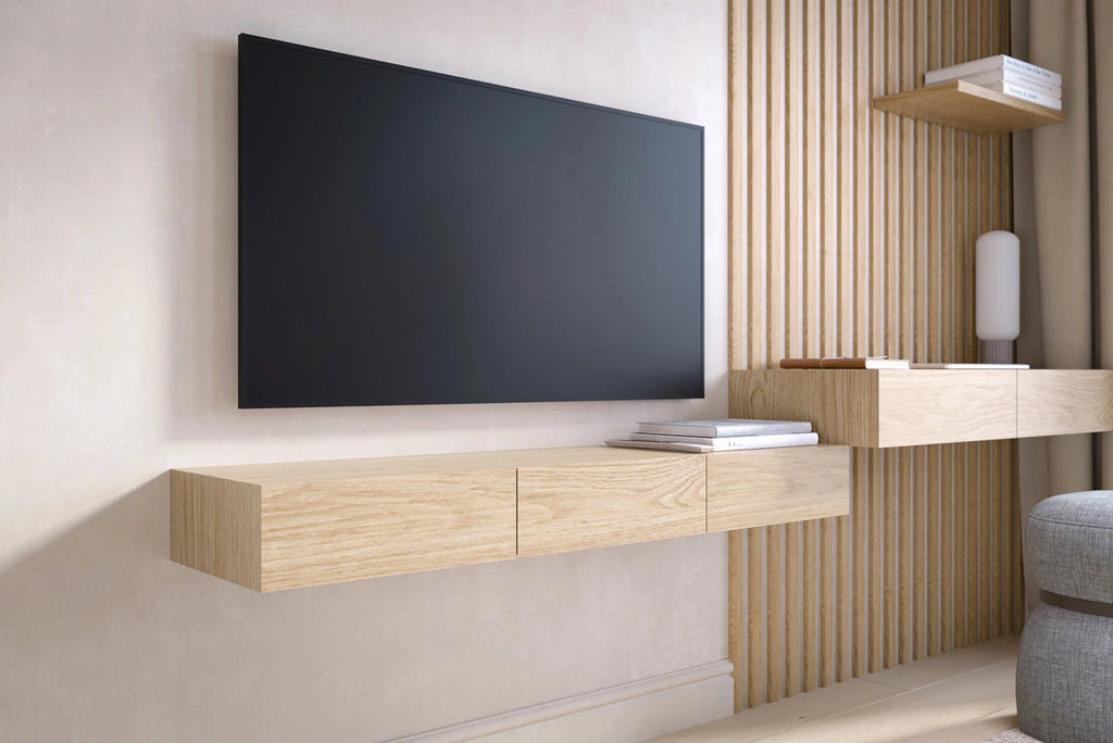 floating TV shelf made of whitened oak