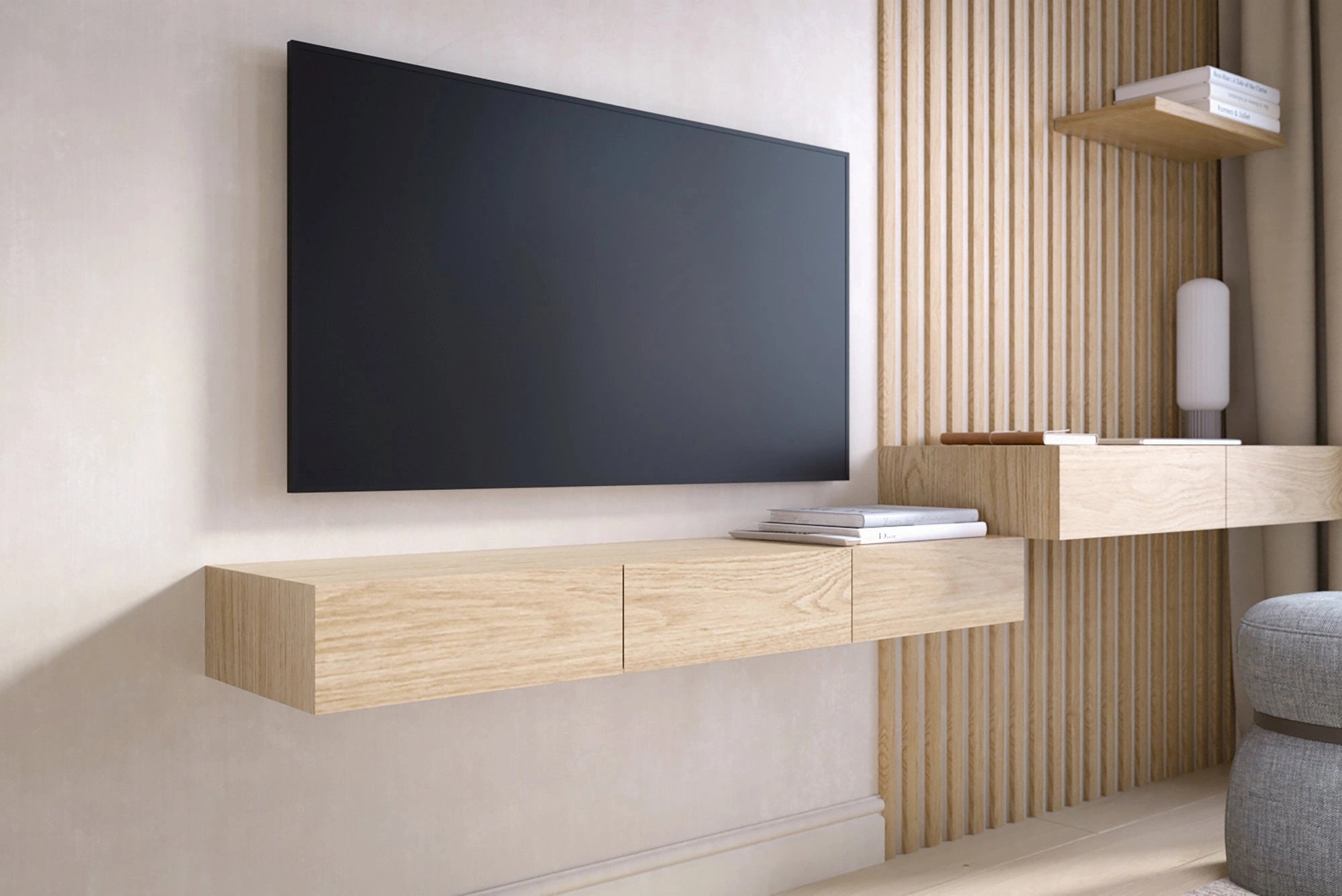 floating TV shelf made of whitened oak