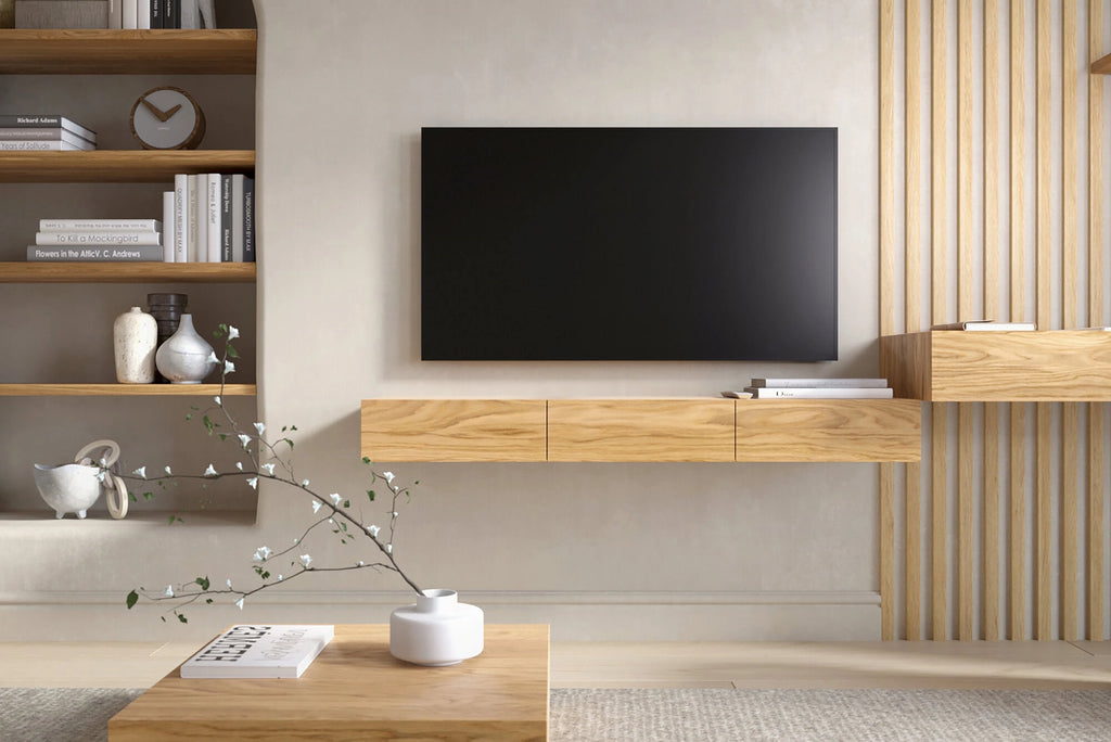 floating TV stand made of oak