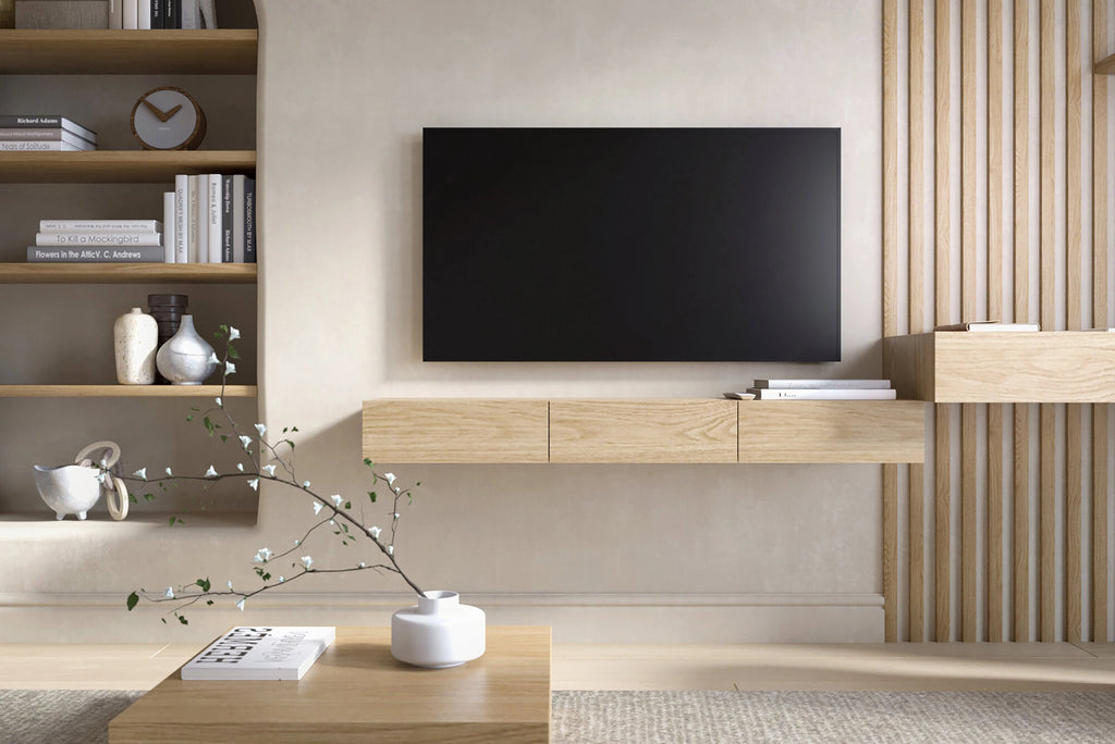 floating TV stand made of whitened oak
