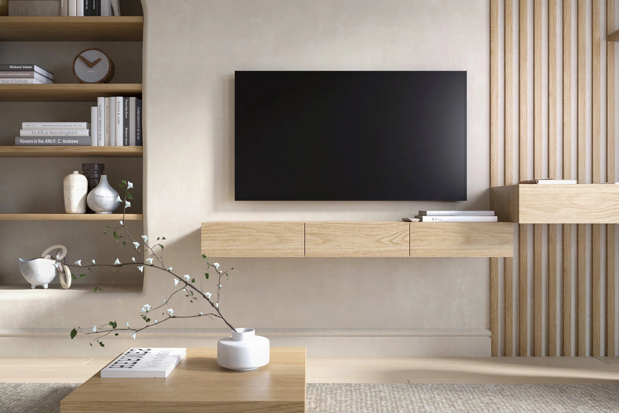 floating TV stand made of whitened oak