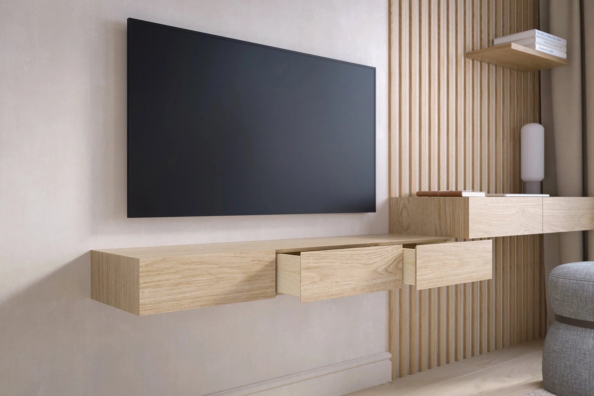 floating TV stand with drawers