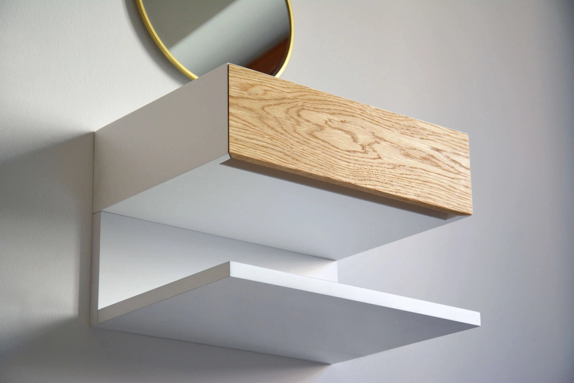 floating bedside shelf with oak drawer