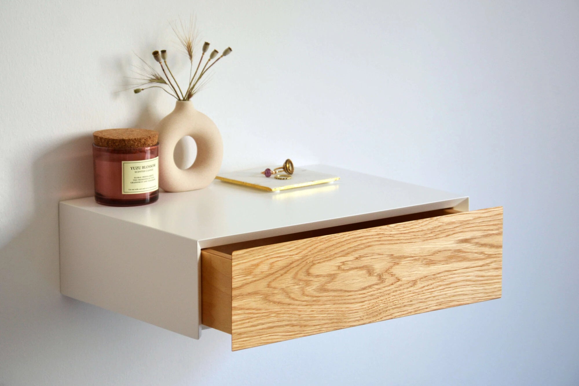 floating bedside table with oak drawer