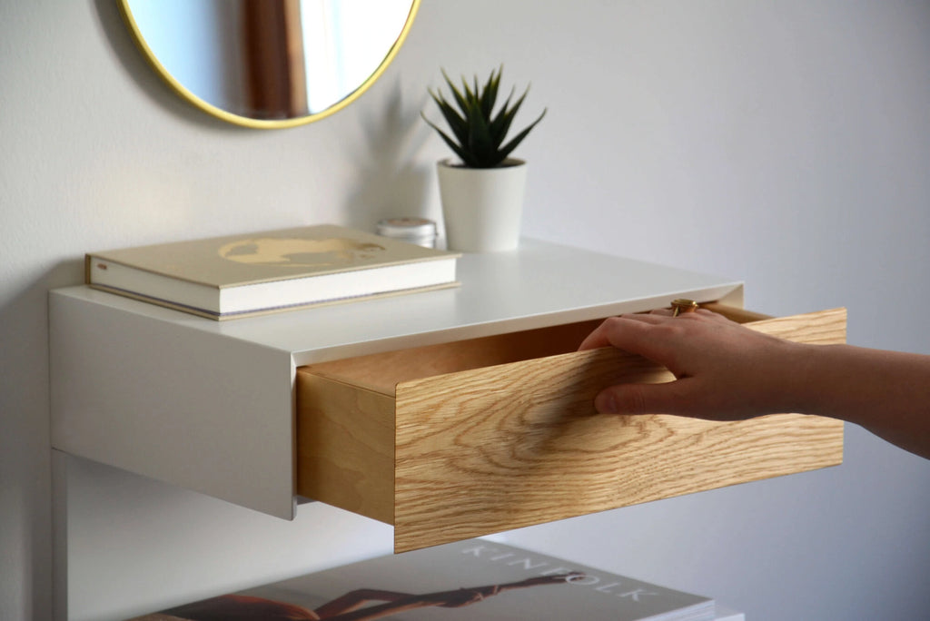 floating bedside table with oak drawer