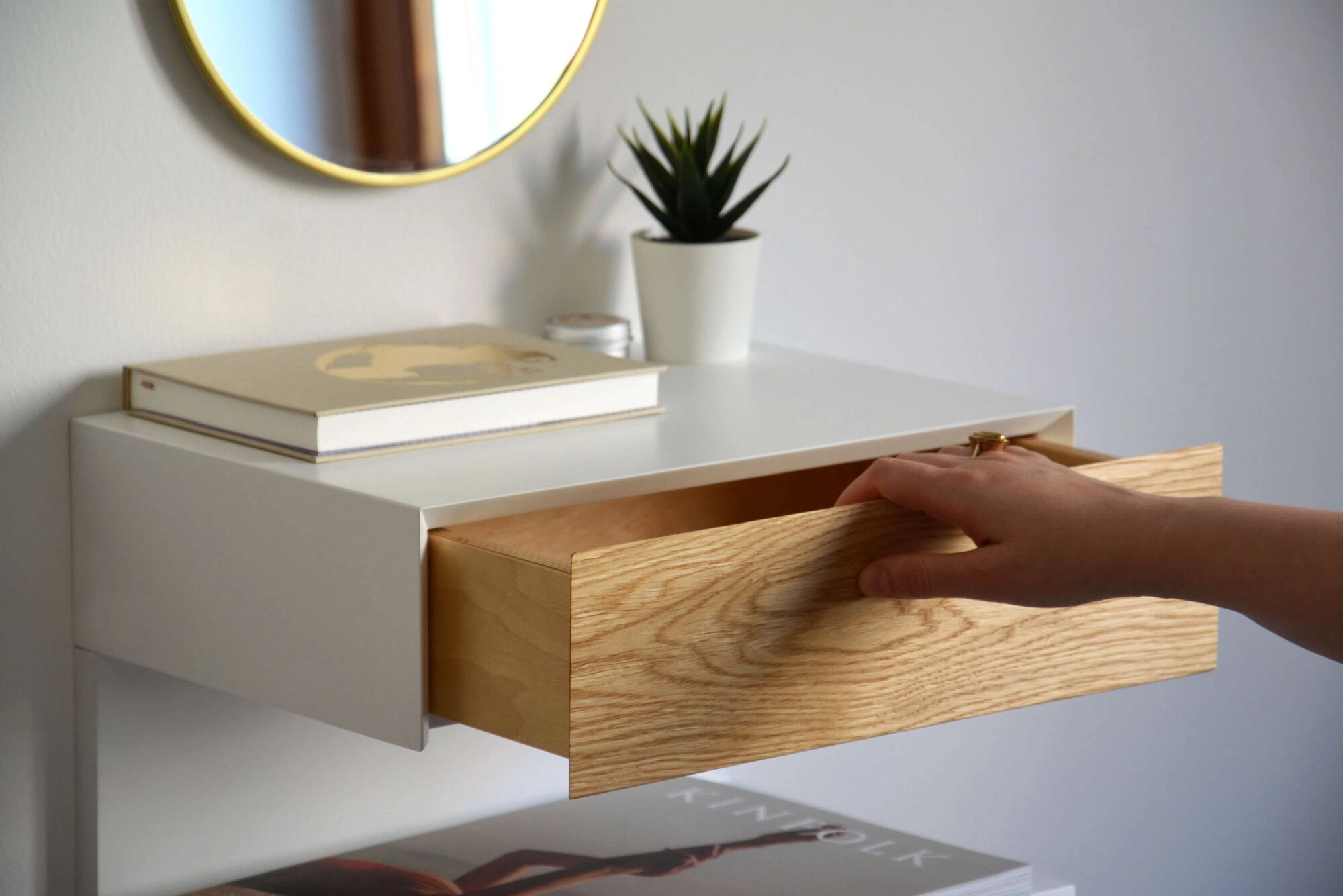 floating bedside table with oak drawer