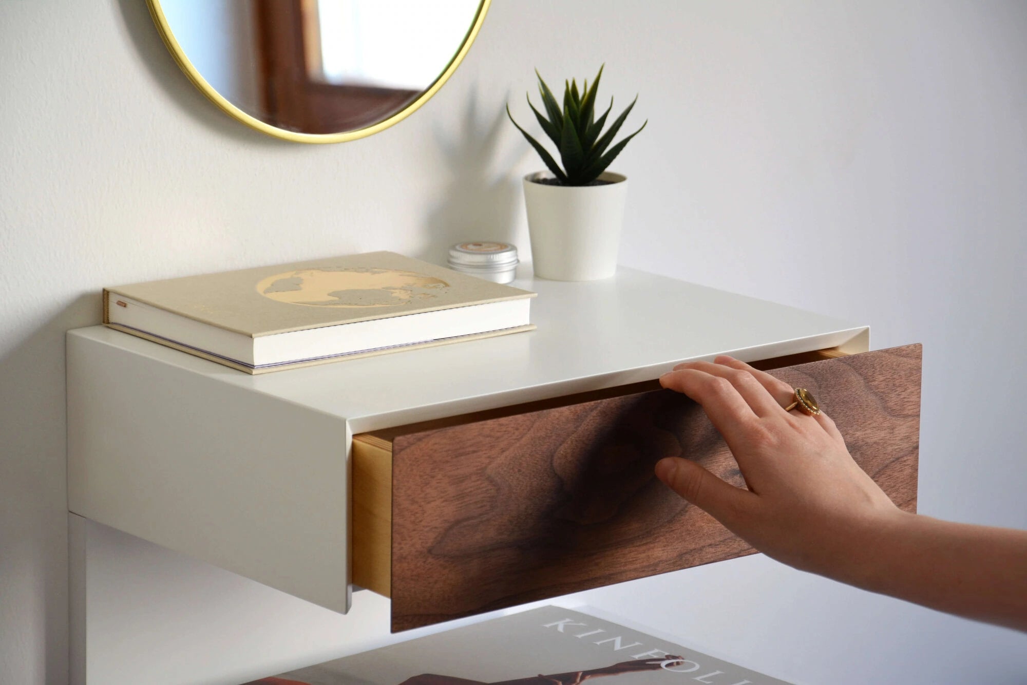 floating bedside table with walnut drawer