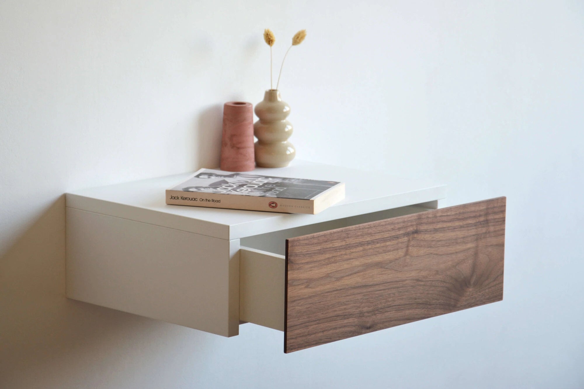 floating bedside table with walnut drawer