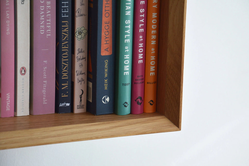 floating bookshelf with mitered edges