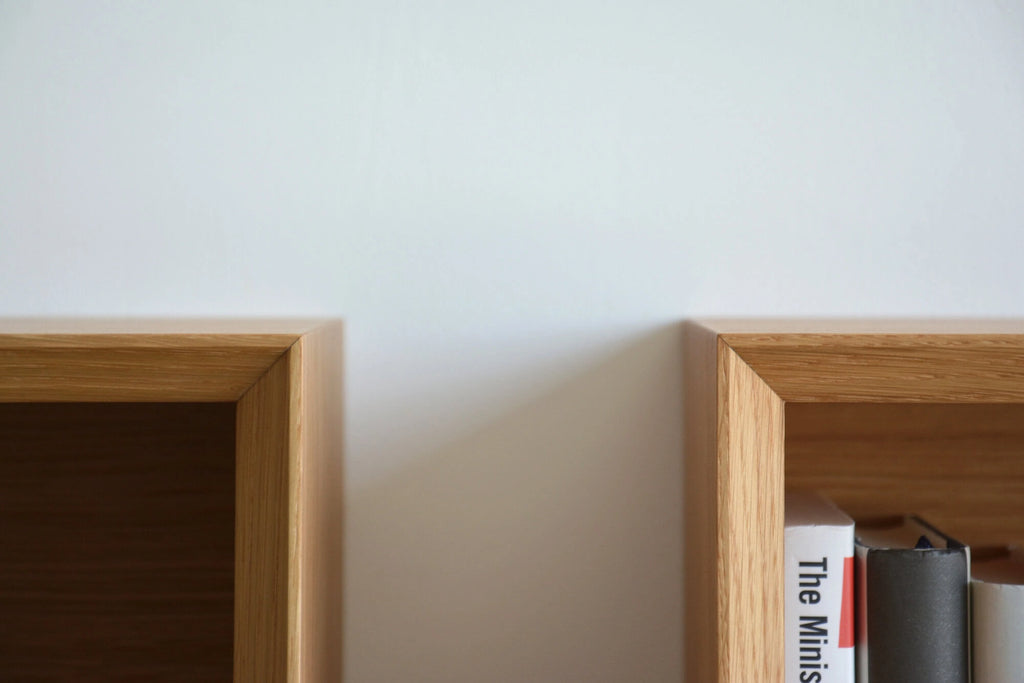floating bookshelves with mitered edges