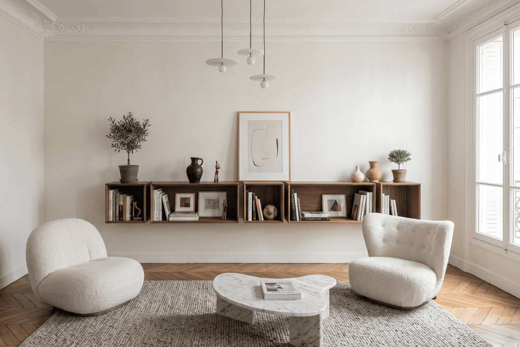 floating bookshelves in a living room