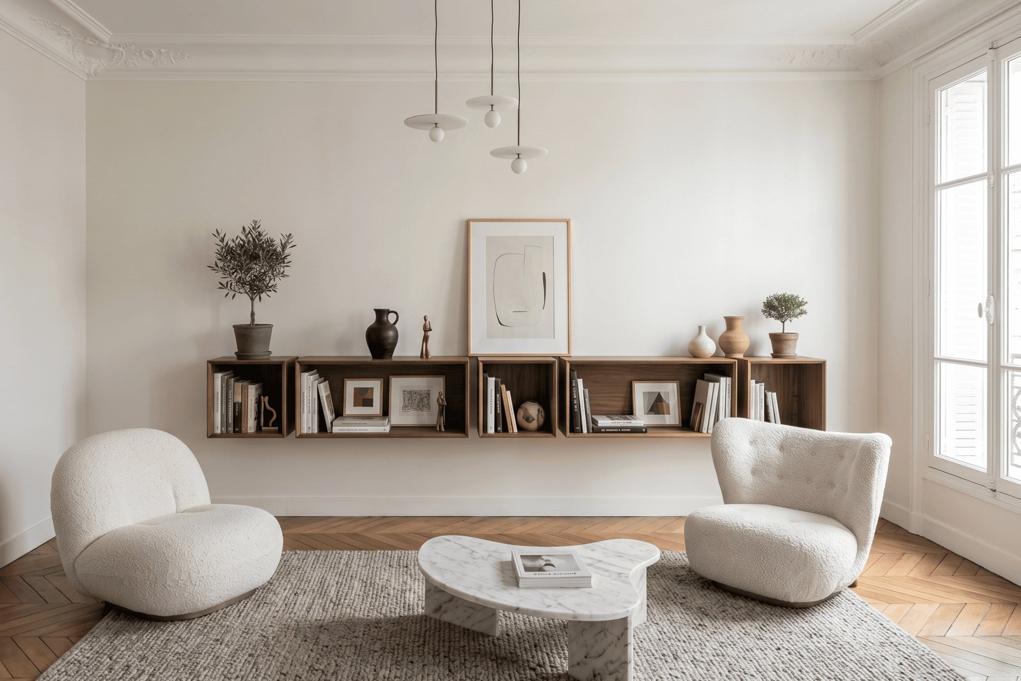 floating bookshelves in a living room