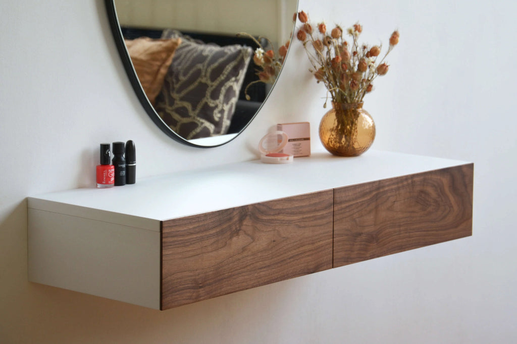 floating dressing table with walnut drawers