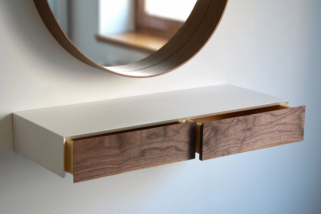 floating dressing vanity with walnut drawers