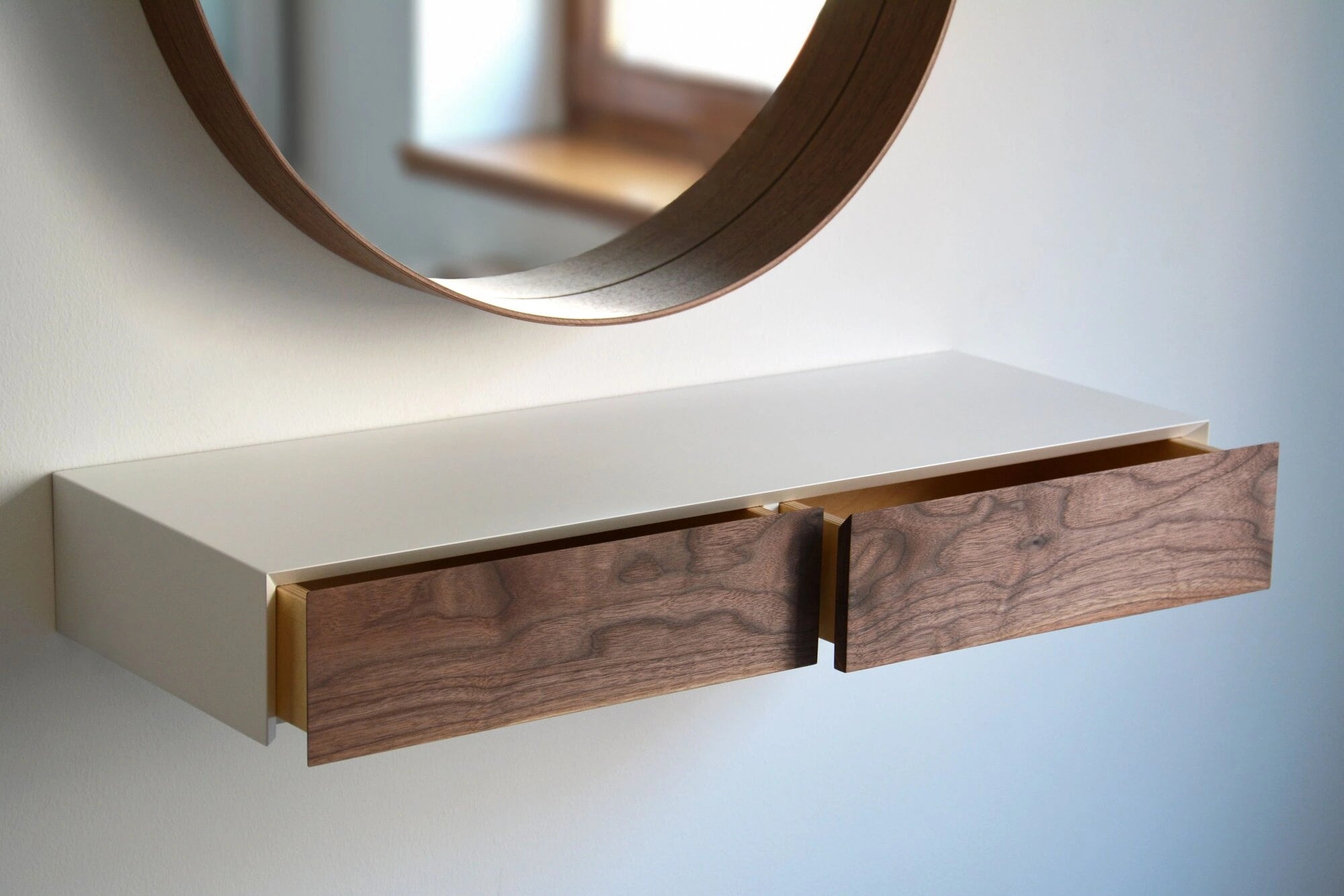 floating dressing vanity with walnut drawers