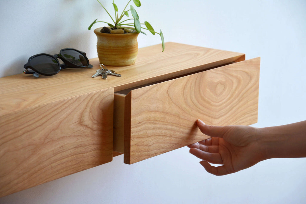 floating entryway shelf made of cherry