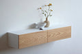 floating entryway shelf with oak drawer