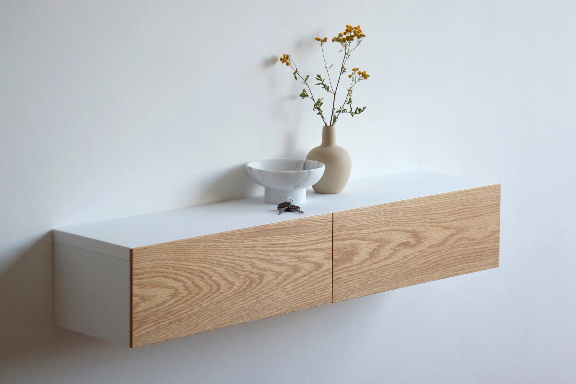 floating entryway shelf with oak drawer