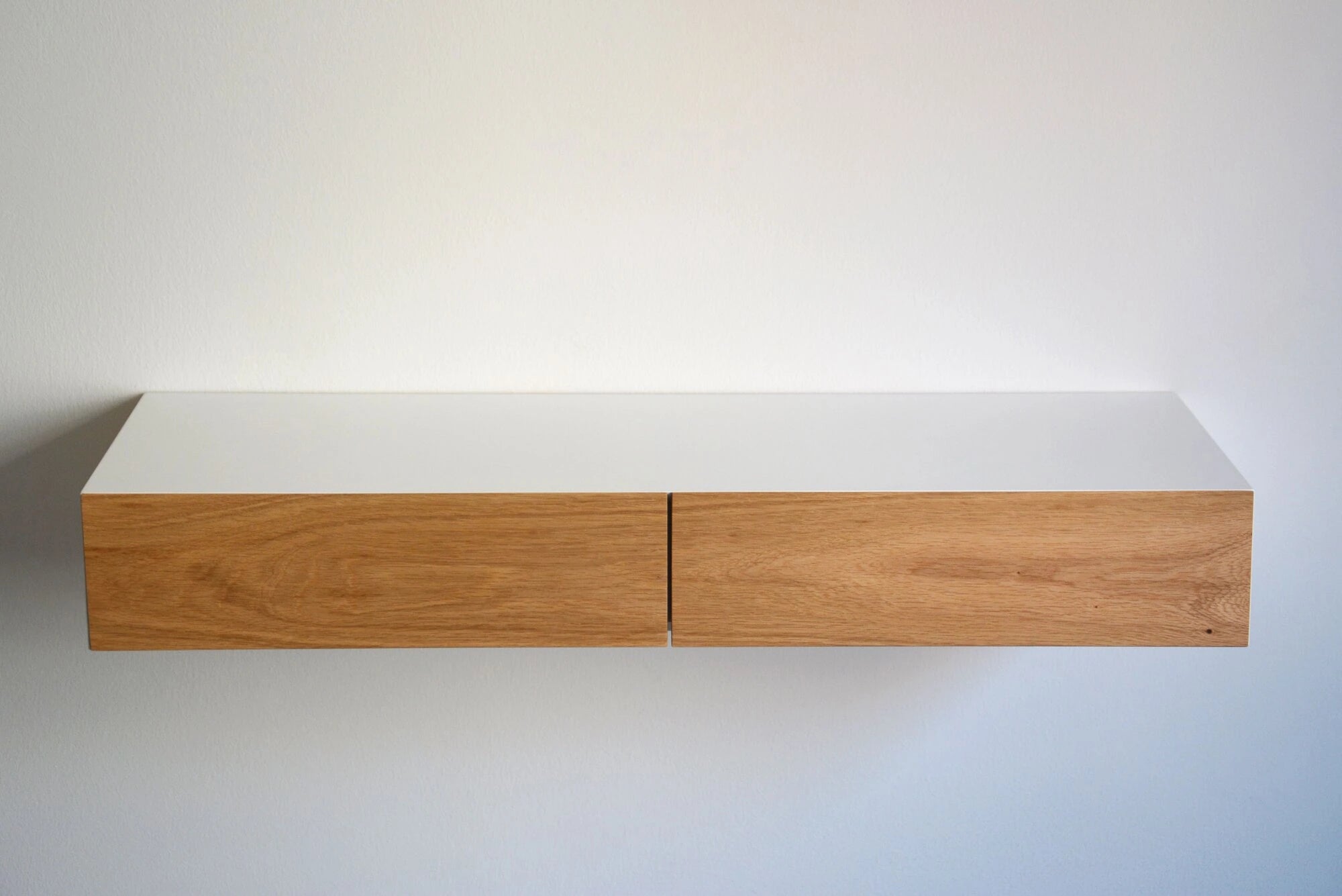 floating makeup shelf with oak drawers