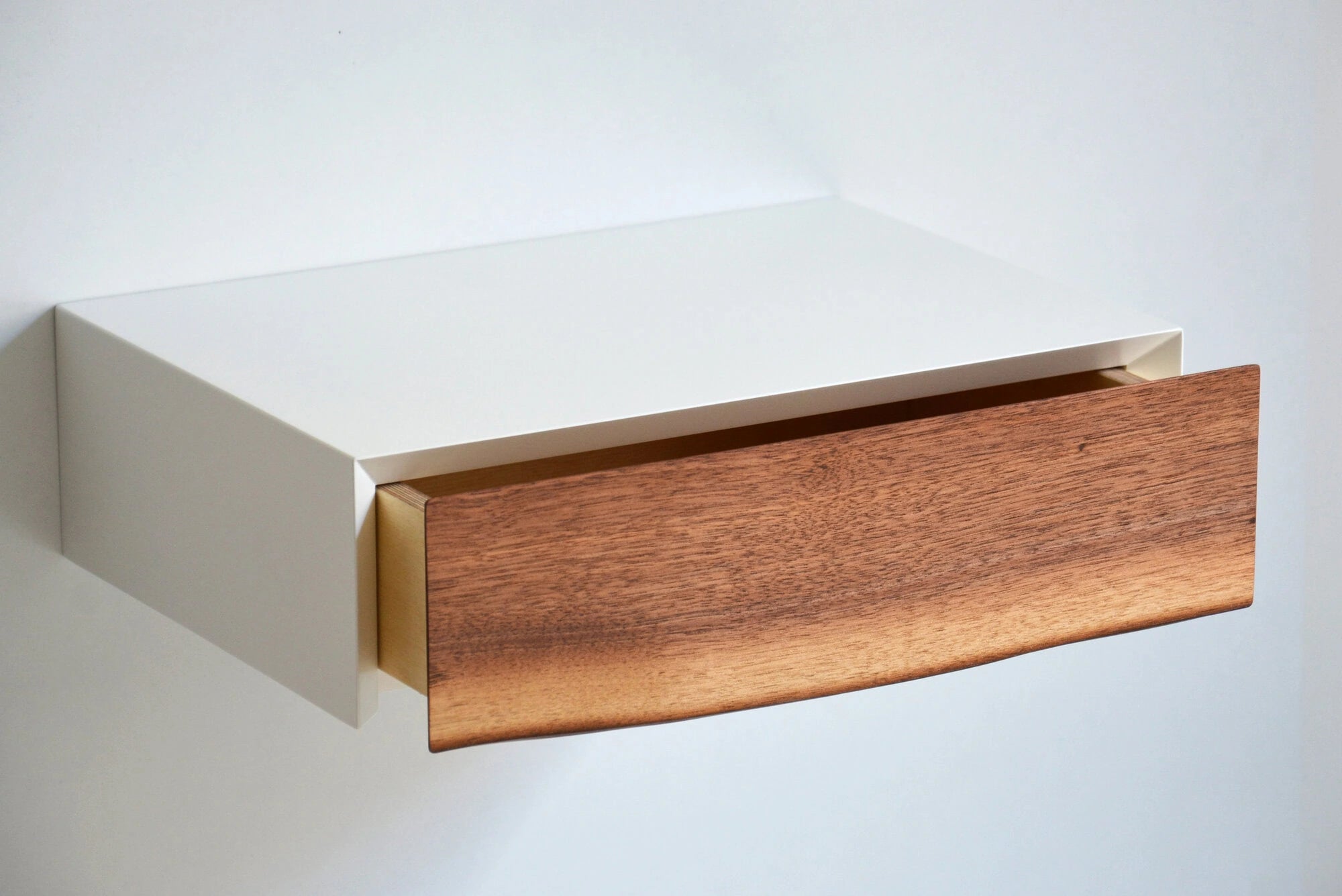 floating nightstand with live edge walnut drawer