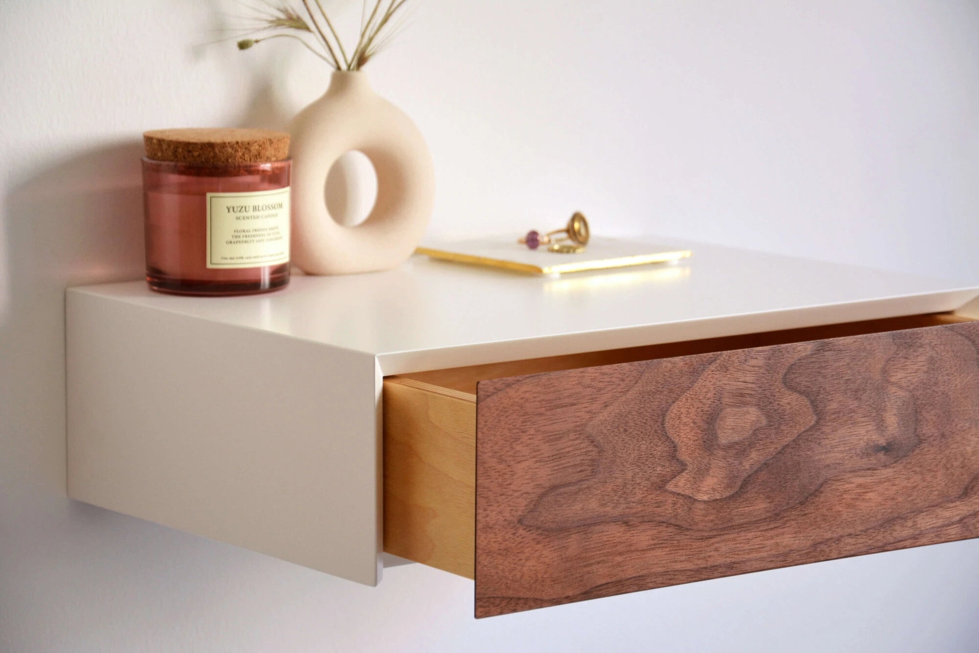 floating nightstand with walnut drawer