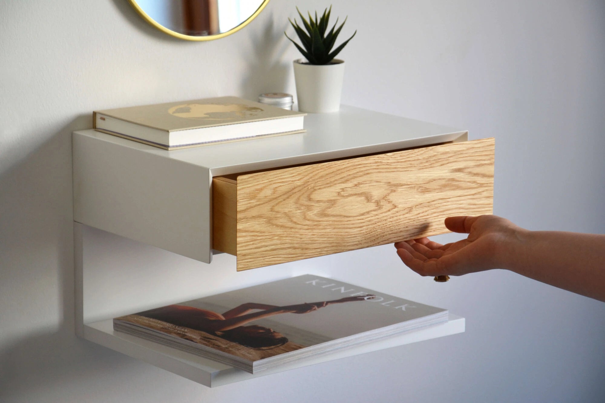 floating nightstand with oak drawer