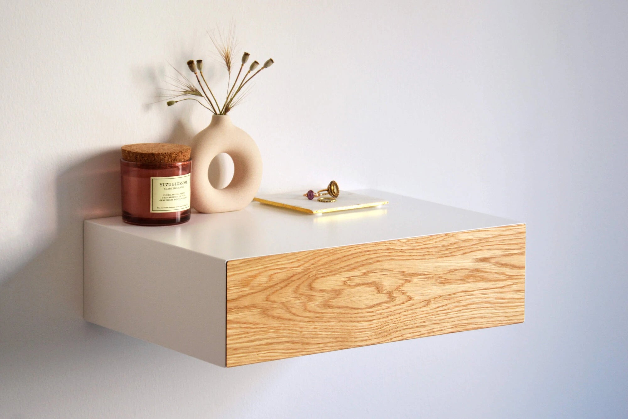 floating nightstand with oak drawer