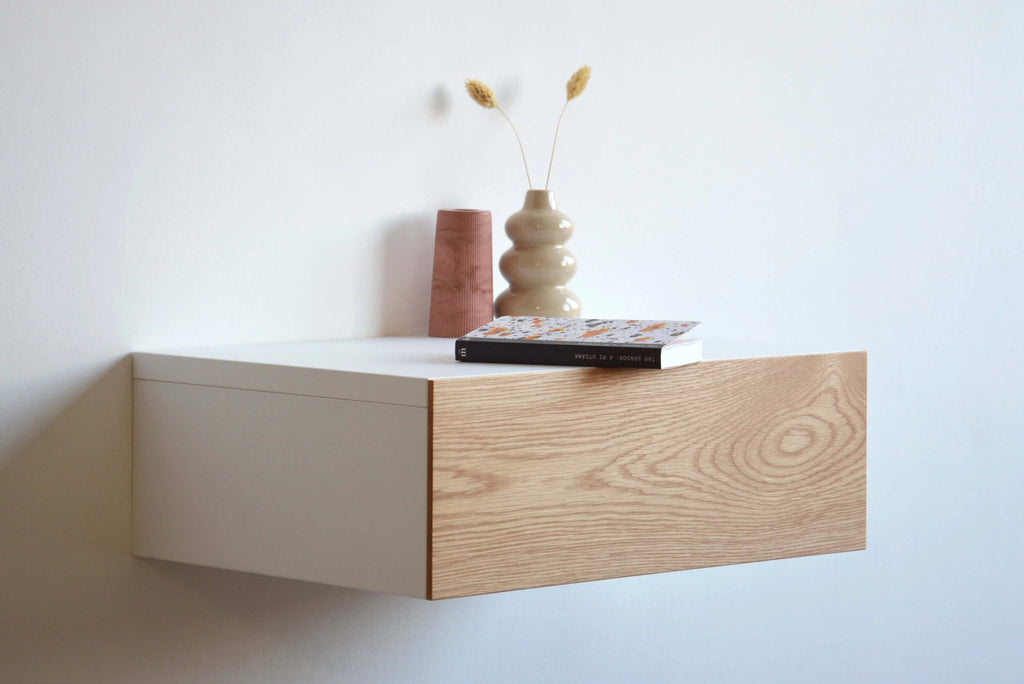 floating nightstand with oak drawer