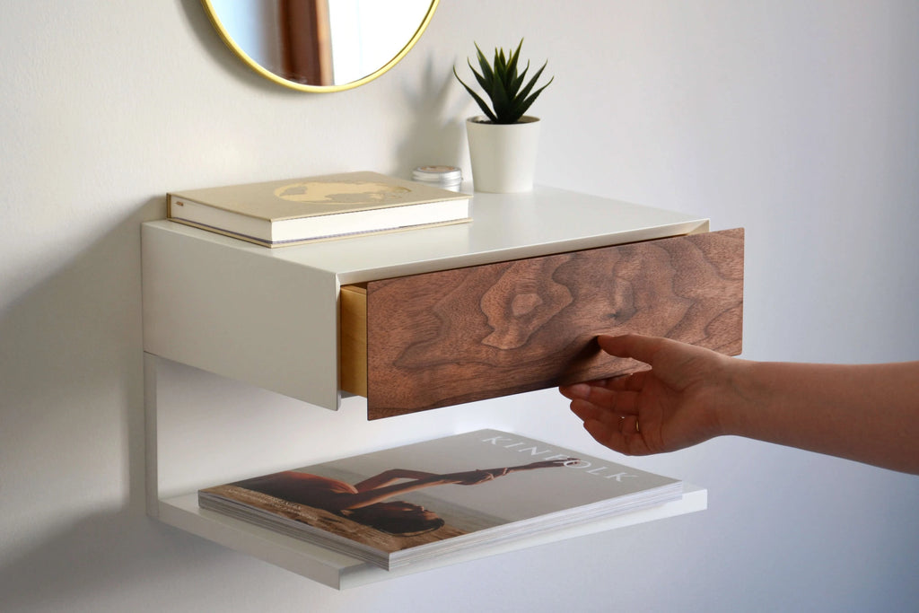 floating nightstand with walnut drawer