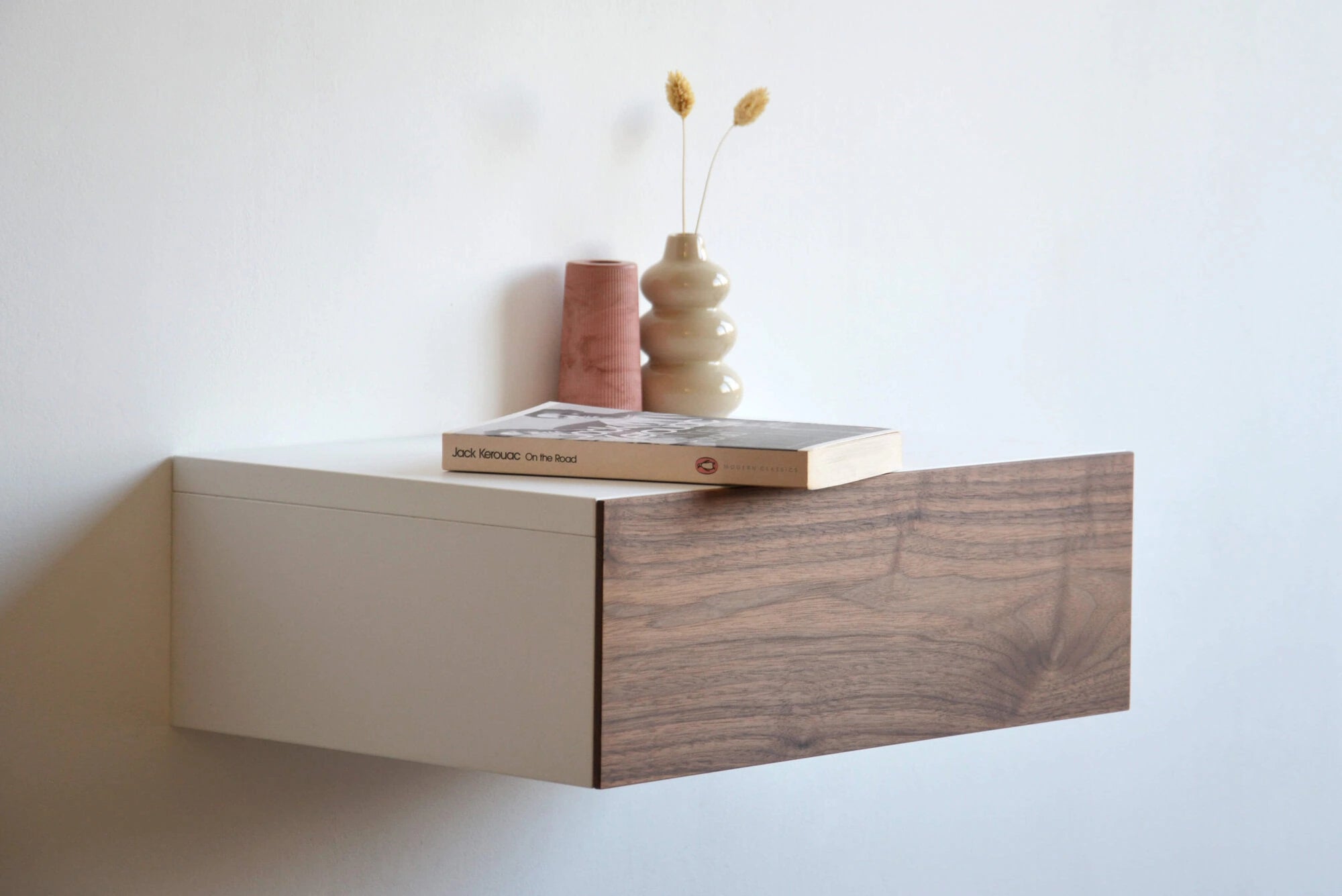 floating nightstand with walnut drawer