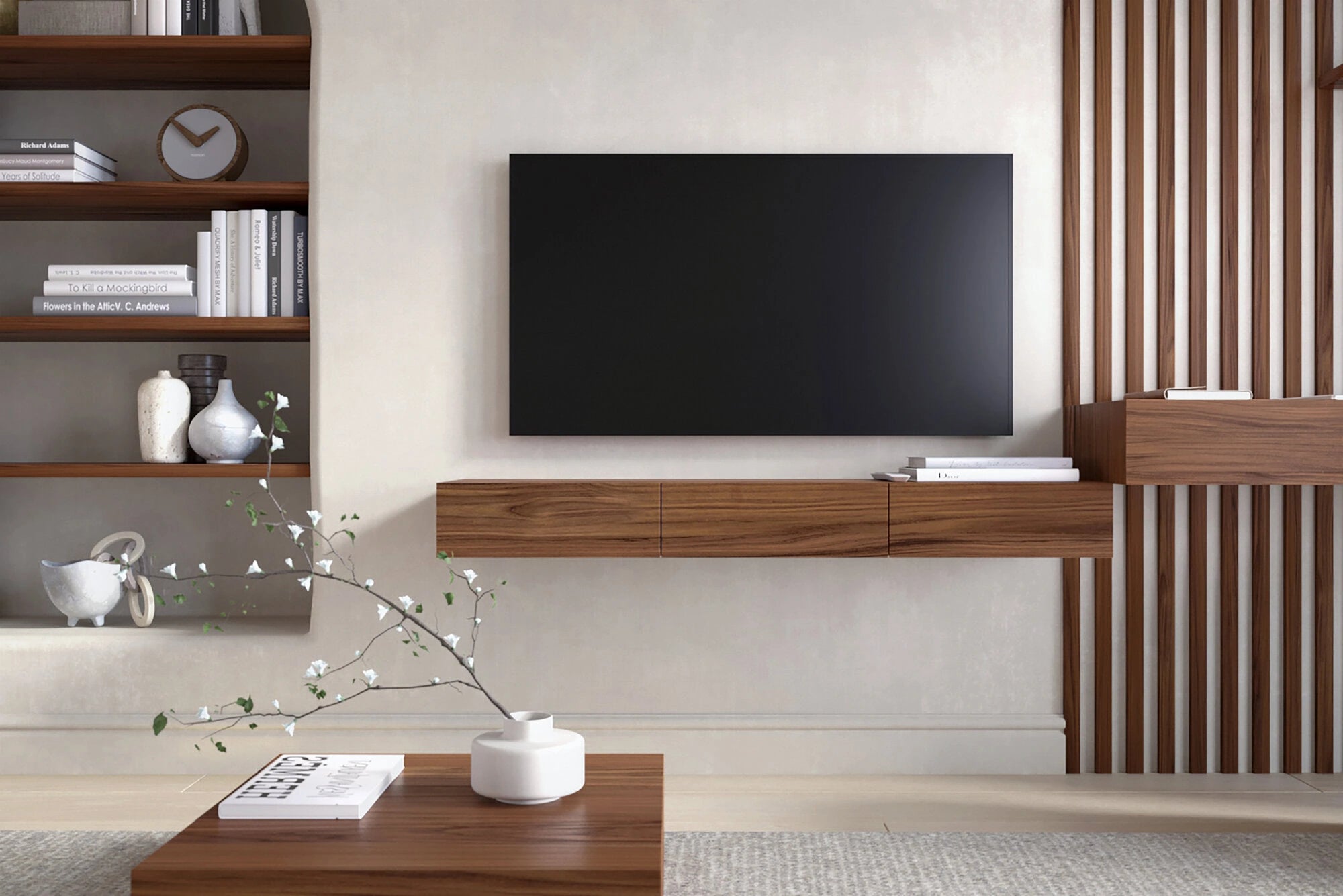 floating TV stand made of walnut