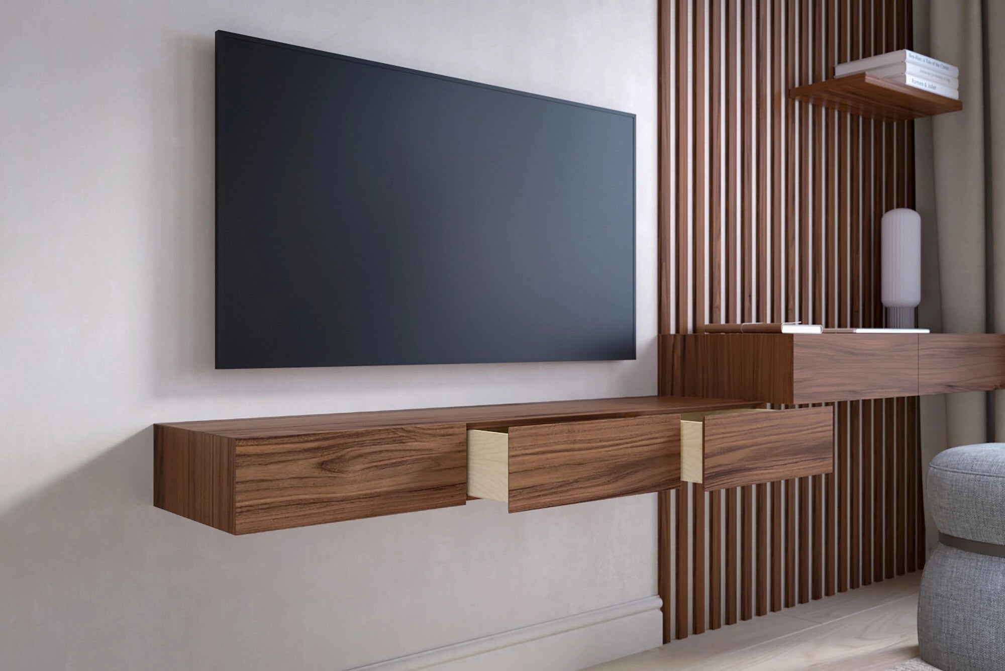 floating TV stand with drawers