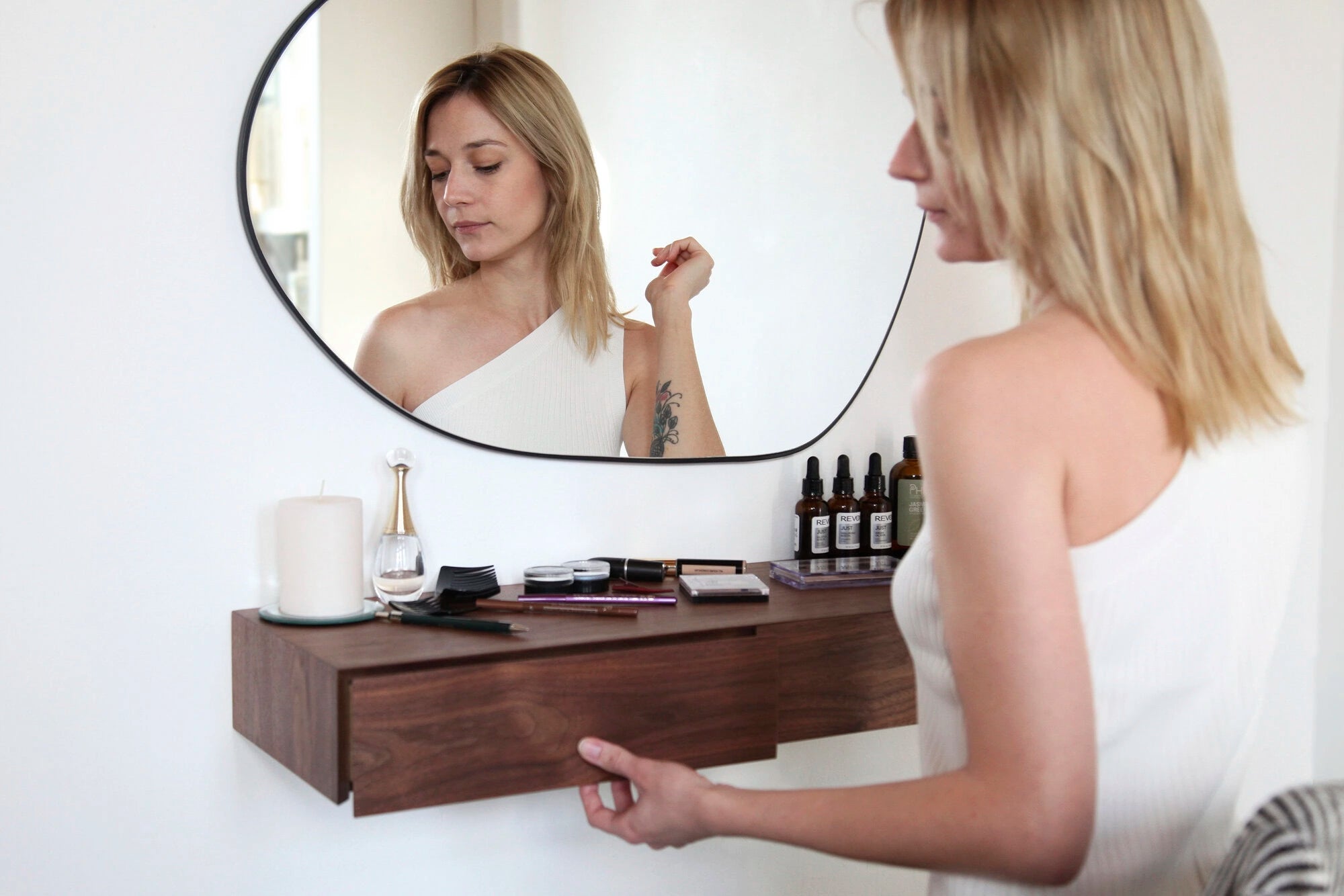 floating walnut dressing table