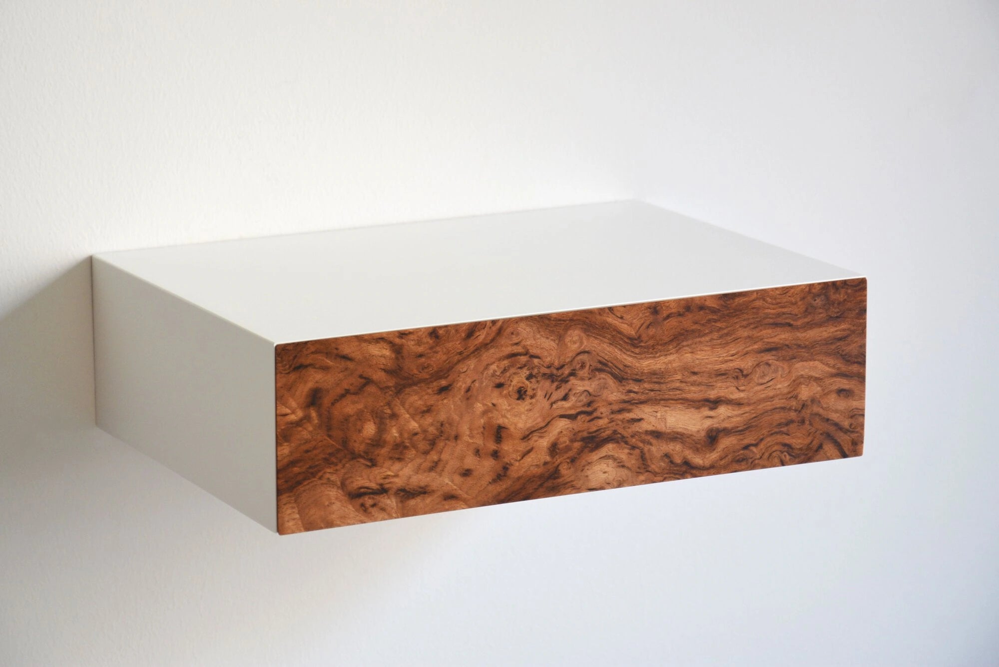 floating bedside table with chestnut burl front