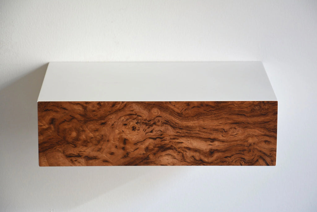 floating nightstand with chestnut burl drawer