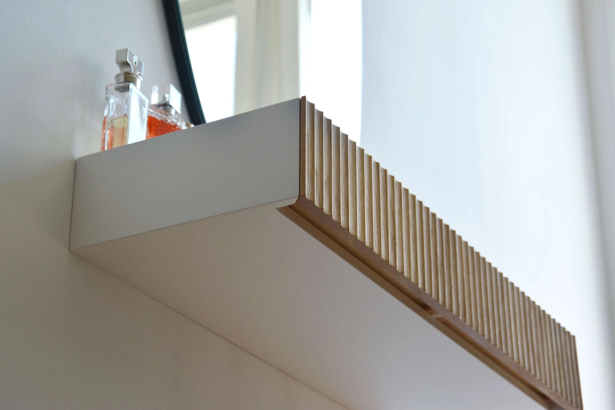 fluted console table with oak drawers