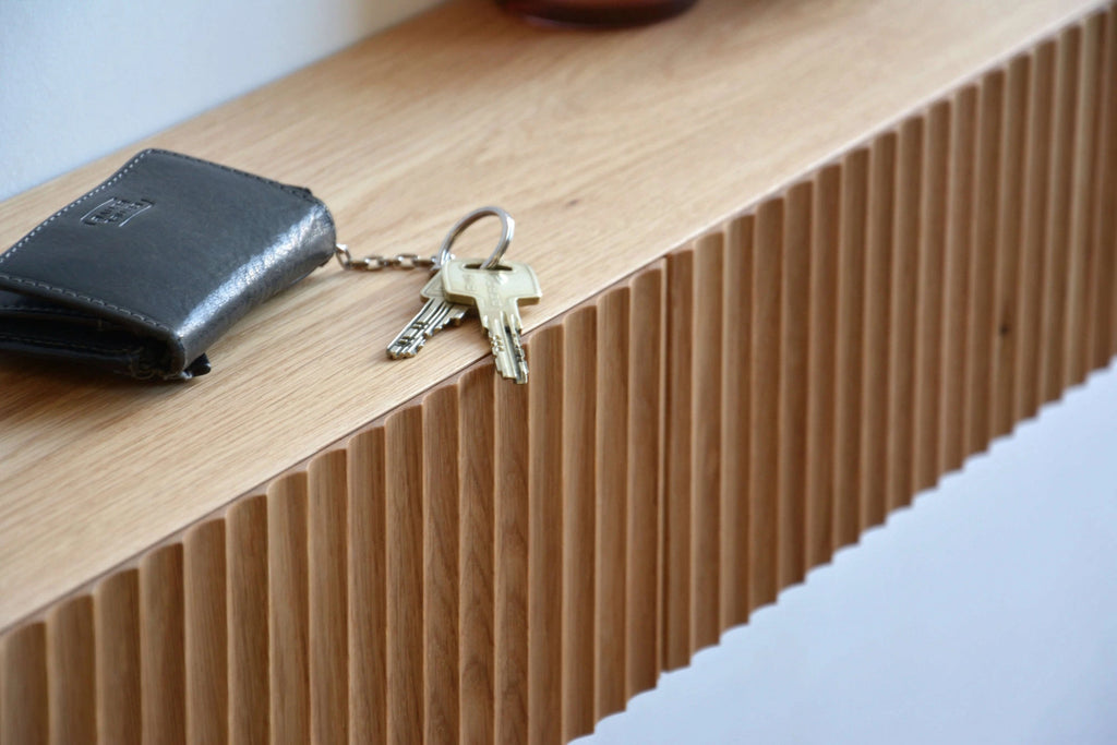 entryway shelf with fluted drawers