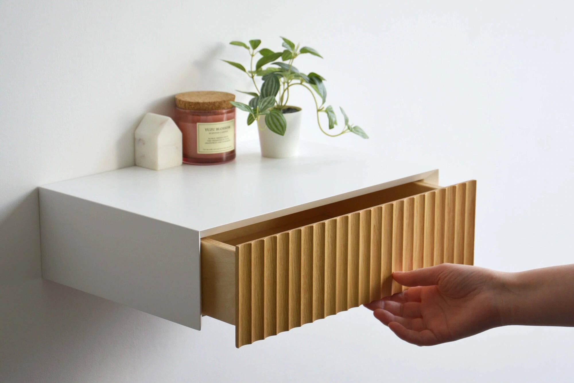 fluted nightstand with oak drawer