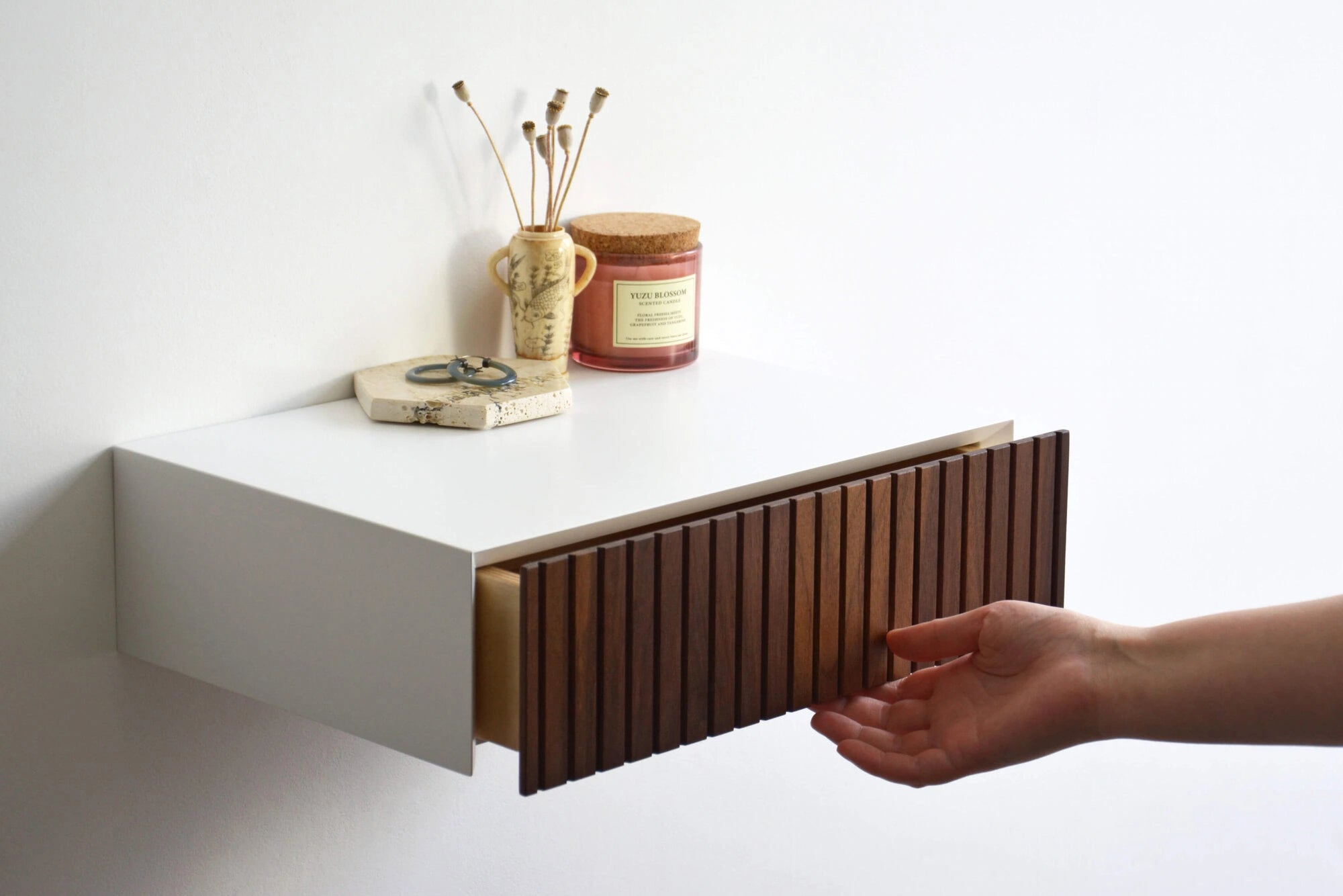 fluted nightstand with walnut drawer