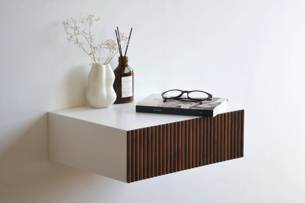 fluted nightstand with walnut drawer