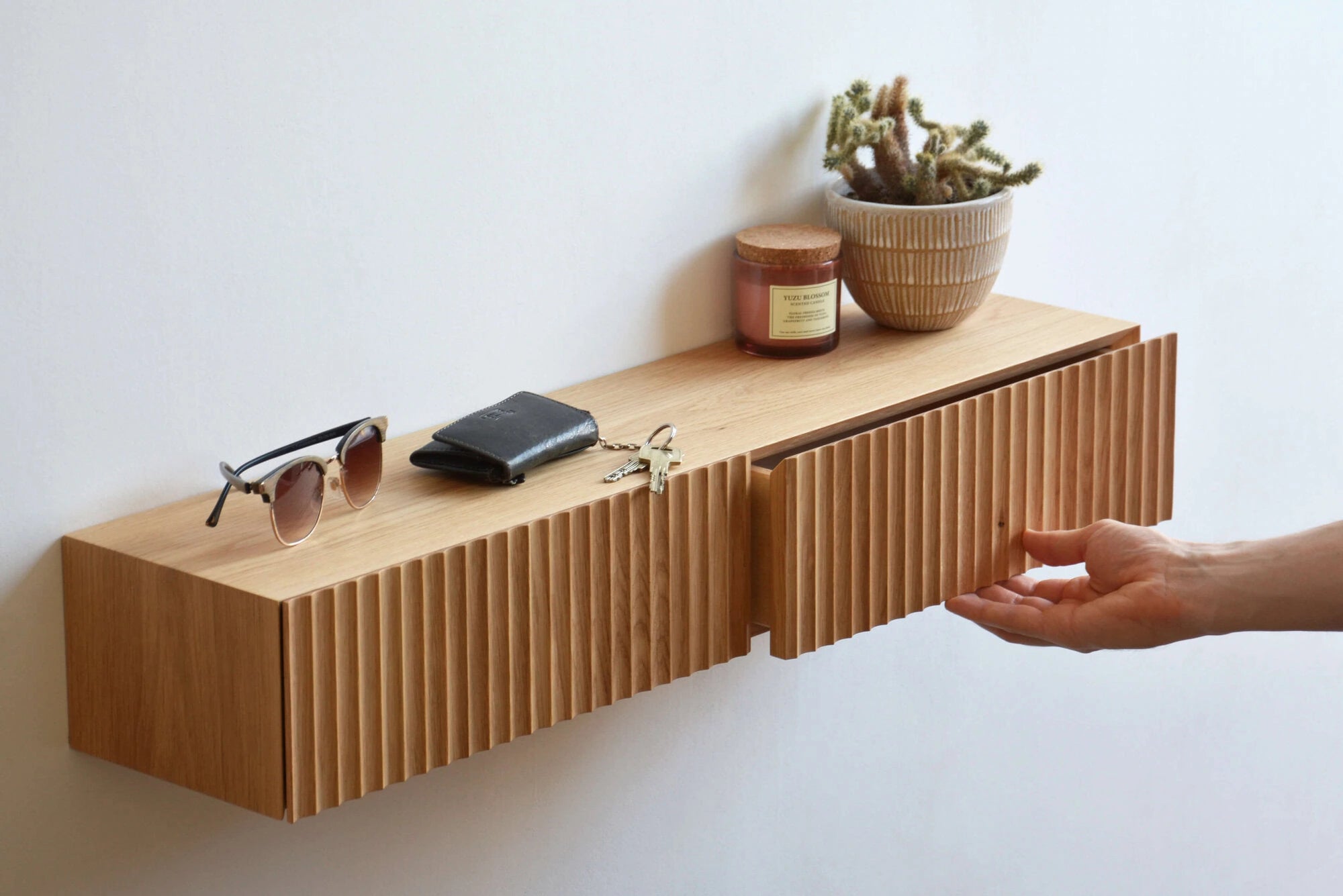 fluted oak entryway shelf