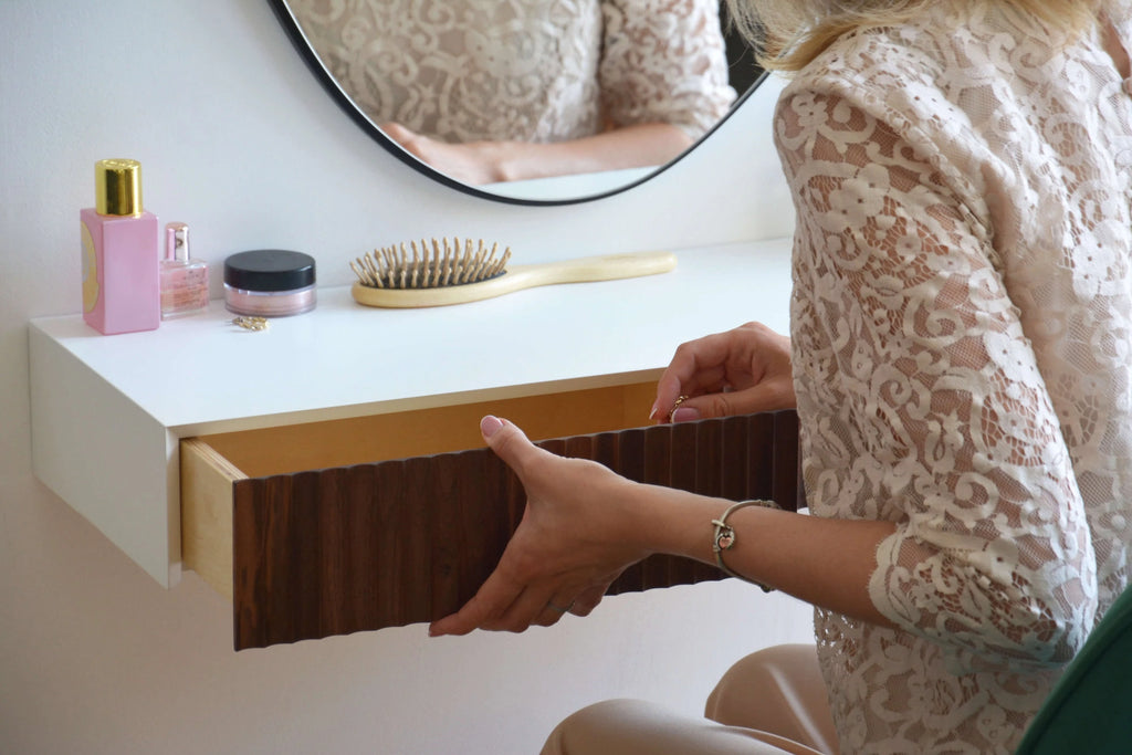 fluted table with drawer