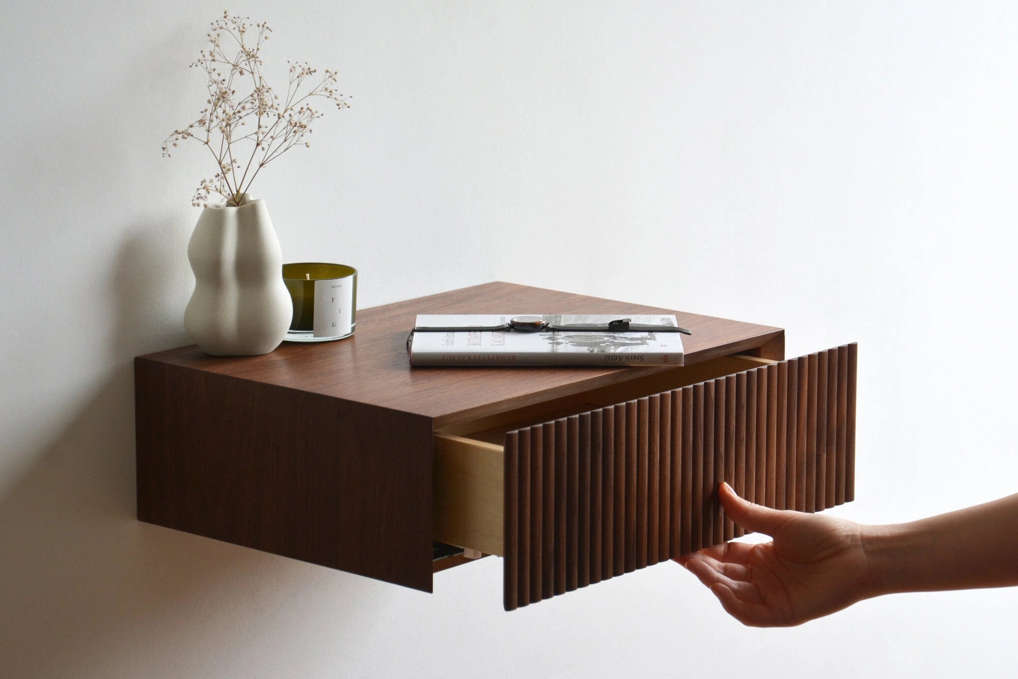 fluted walnut bedside table