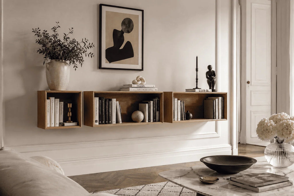 living room with floating bookshelves
